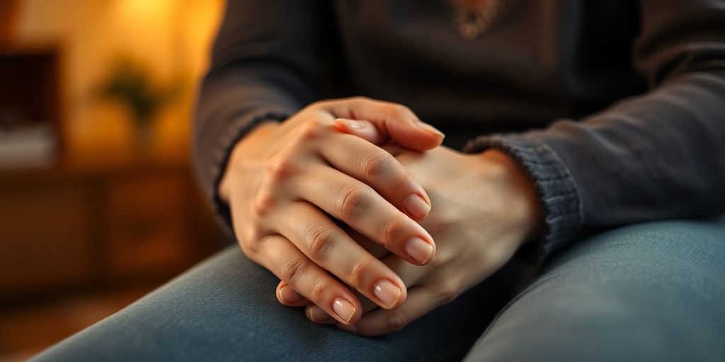 Couple meditating, holding hands, soft light.