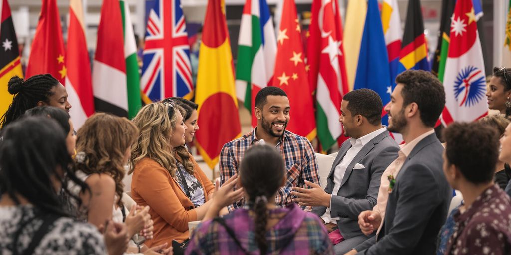 Diverse group communicating with international flags in background.