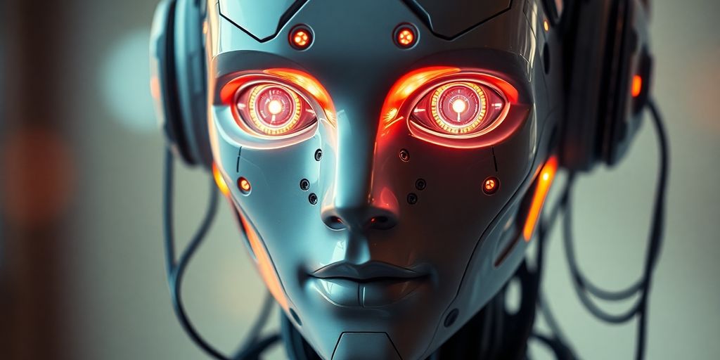 Humanoid robot face with glowing eyes and circuits.