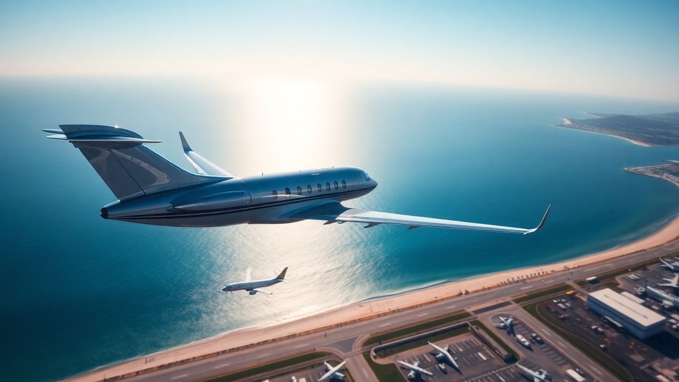 Private jet flying over ocean towards Cabo coastline.