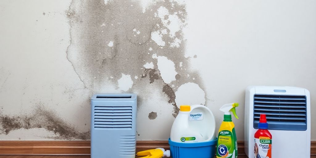 Water-damaged wall with mold and restoration tools nearby.