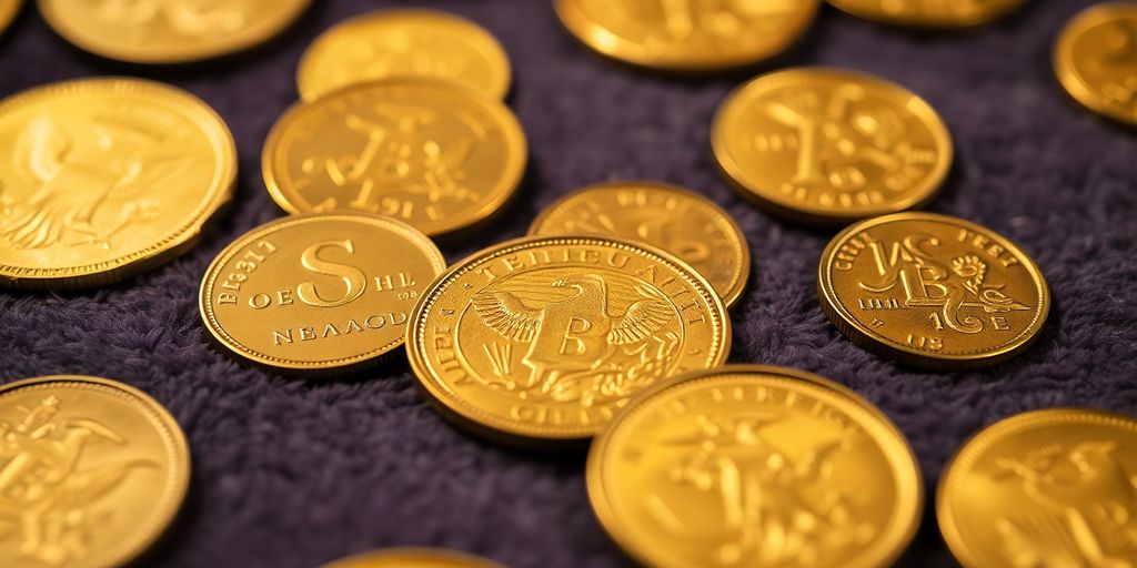 Pièces d'or rares sur un fond en velours.