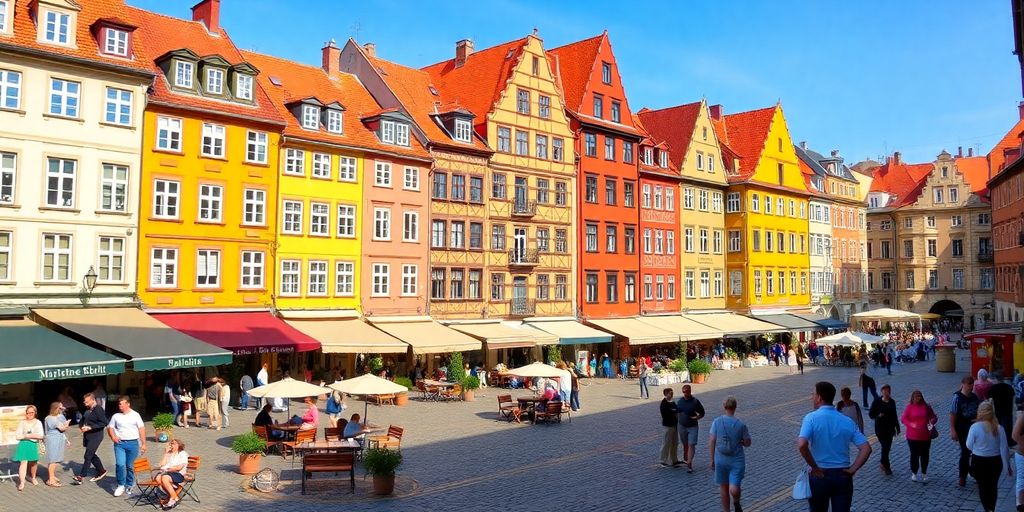 Colorful buildings in a European city square.