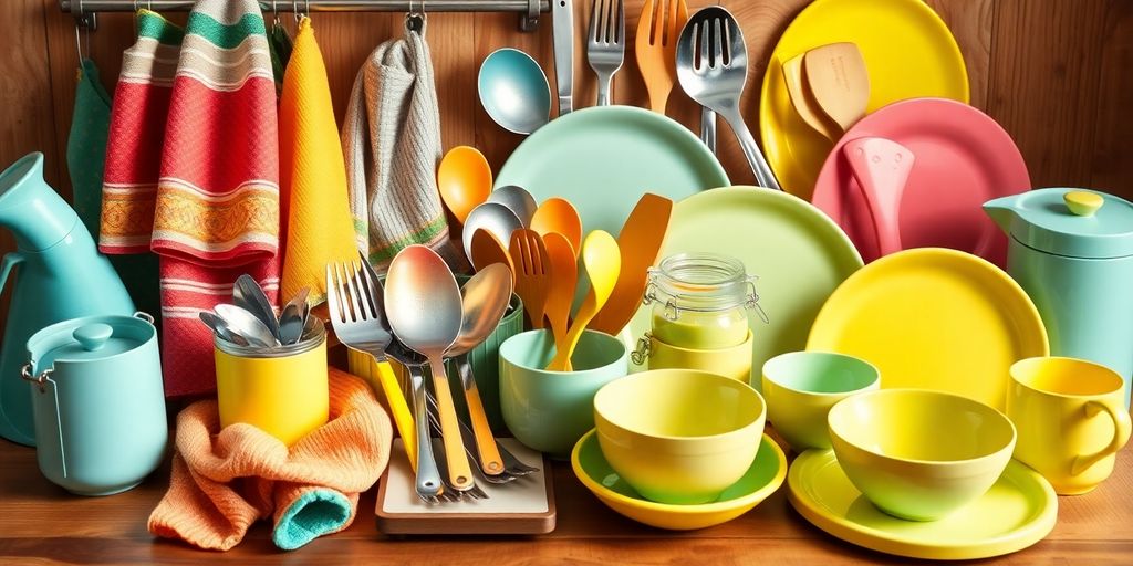 Colorful kitchen supplies on a wooden table for gifts.