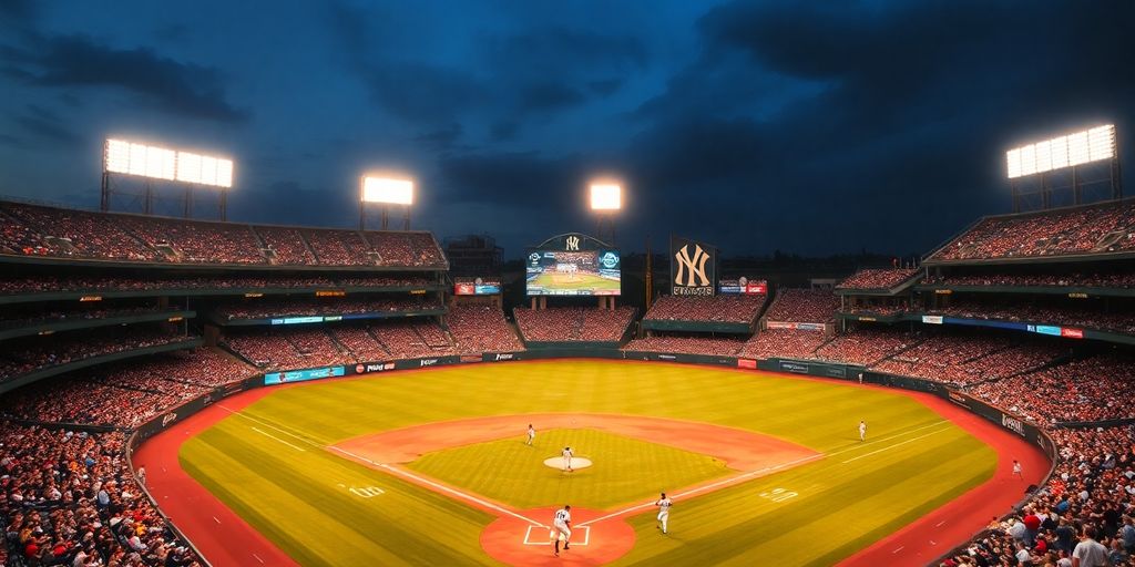 Yankees baseball stadium, players, green field, crowd, bright game lights.