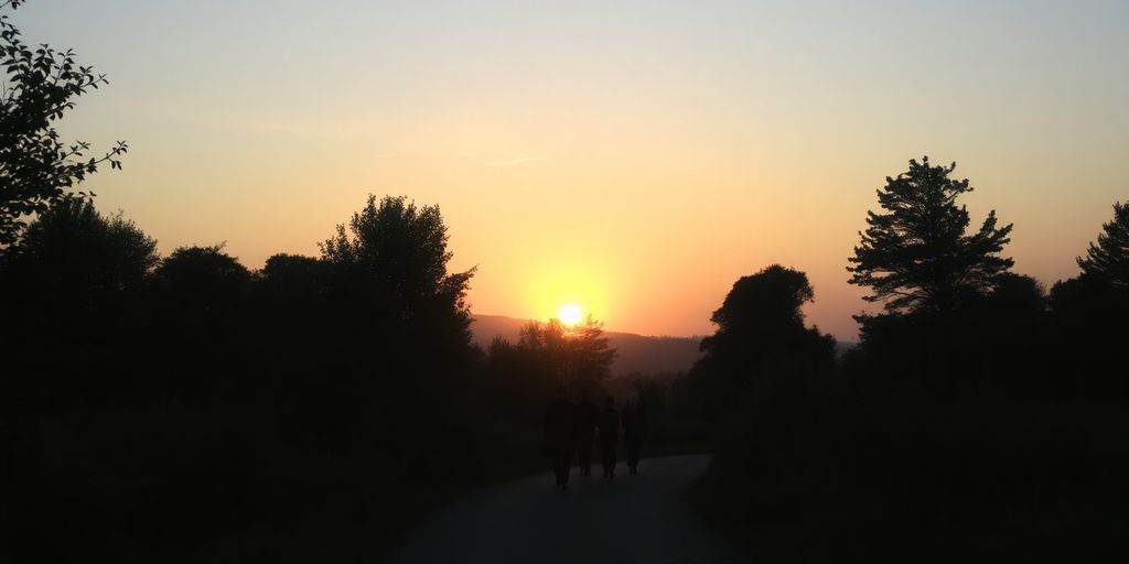 Silhouettes walking on a peaceful path at sunrise.