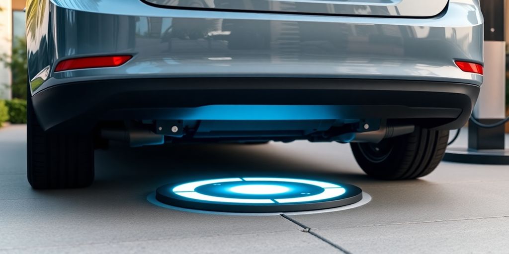 Electric car charging wirelessly on futuristic pad.