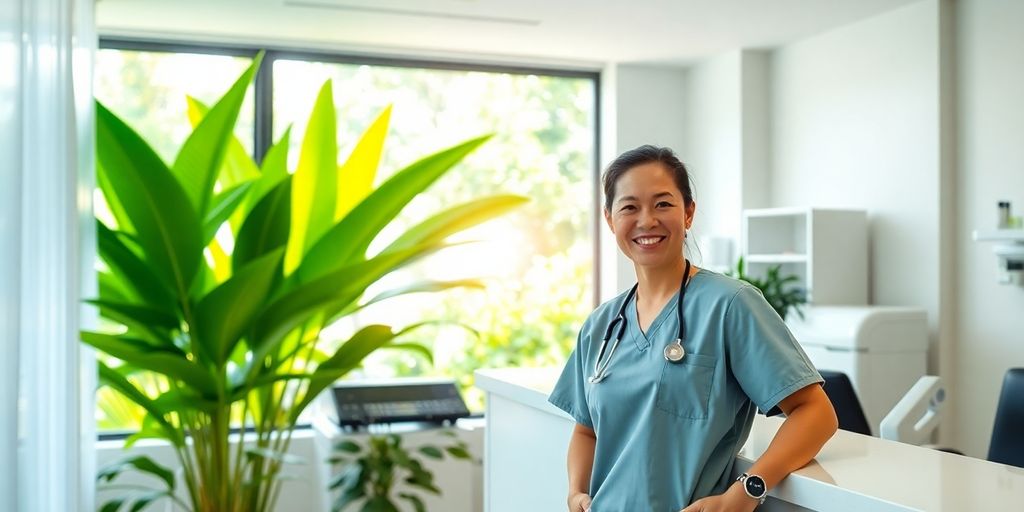 Medical professional, tropical clinic, discreet testing setting.