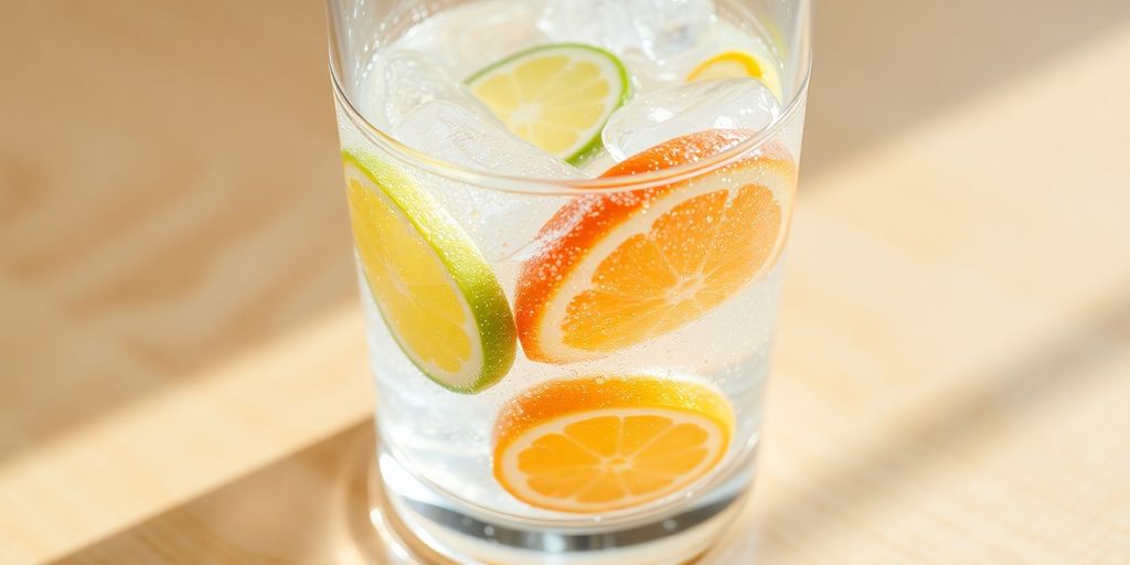 Sparkling water glass, fresh fruit slices, cool condensation.