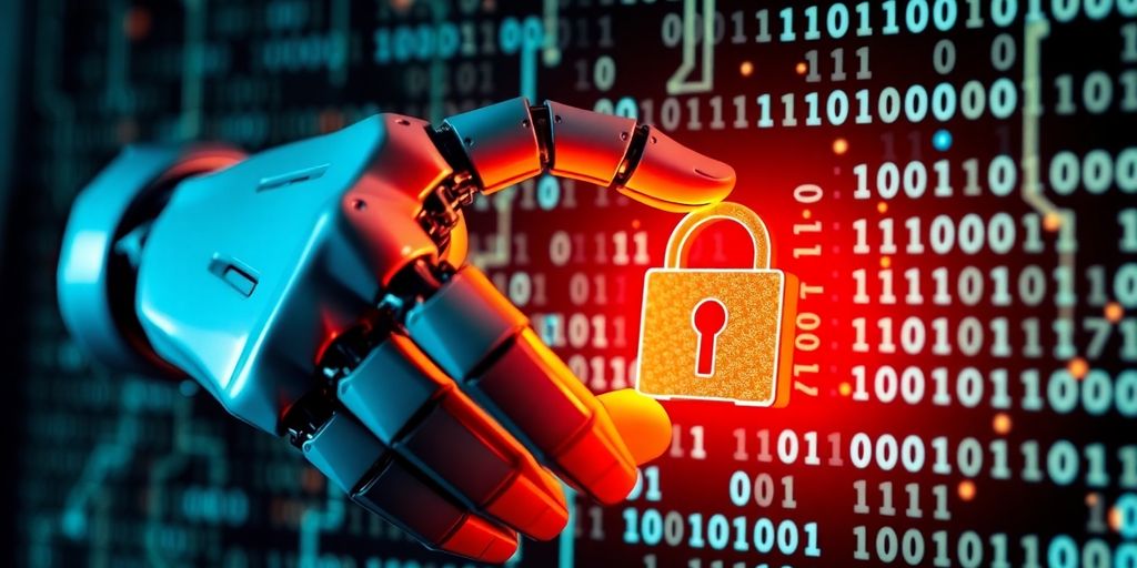 Robot hand and digital lock in cybersecurity context.