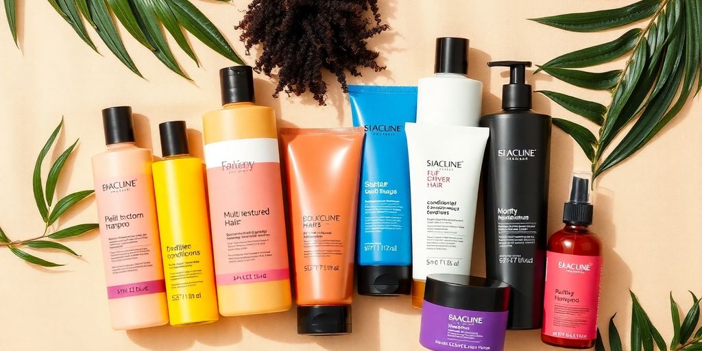 Hair care products for multi-textured hair on display.