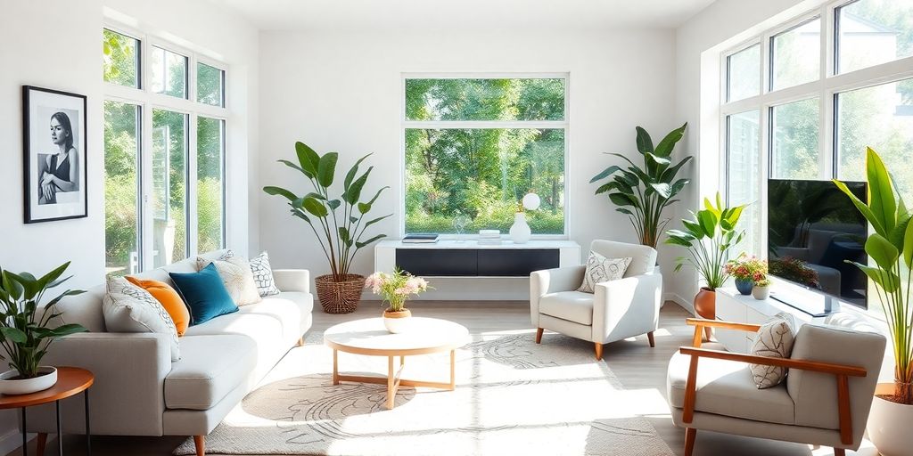 Modern living room with stylish furniture and natural light.