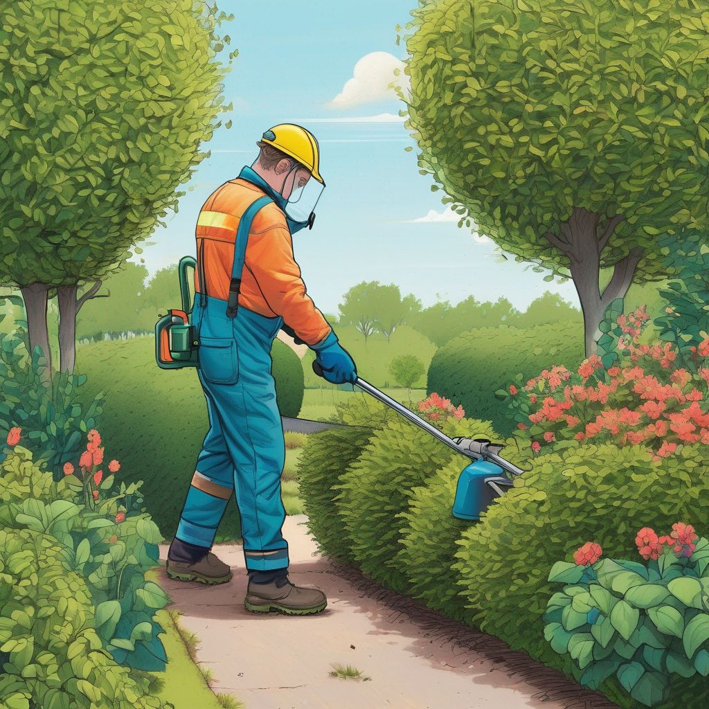gardener trimming hedge with safety gear and encountering wildlife