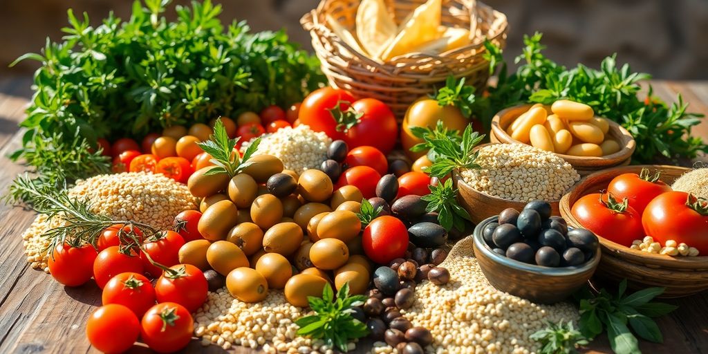 Fresh Mediterranean ingredients on a rustic wooden table.
