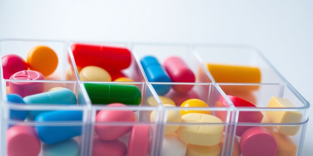 A clear pill organizer filled with colorful pills.