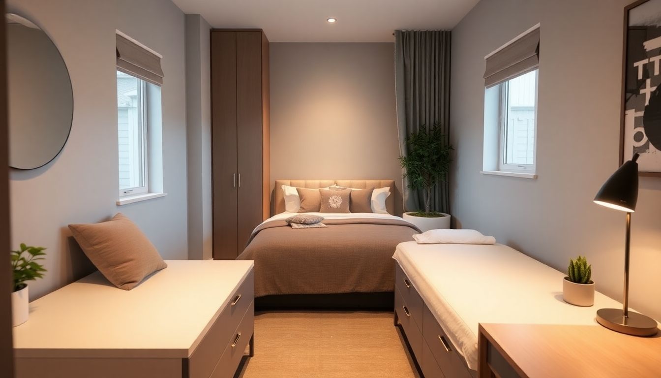 Modern small bedroom with stylish furniture and soft lighting.