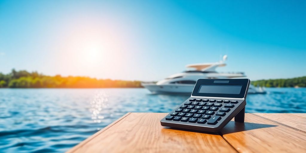 Calculator next to a boat on water.
