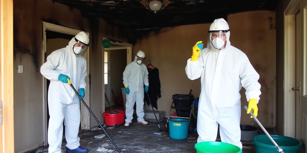 Cleaning crew restoring a fire-damaged home.