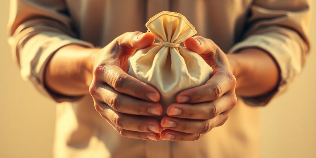 Person smiling, holding small money bag.