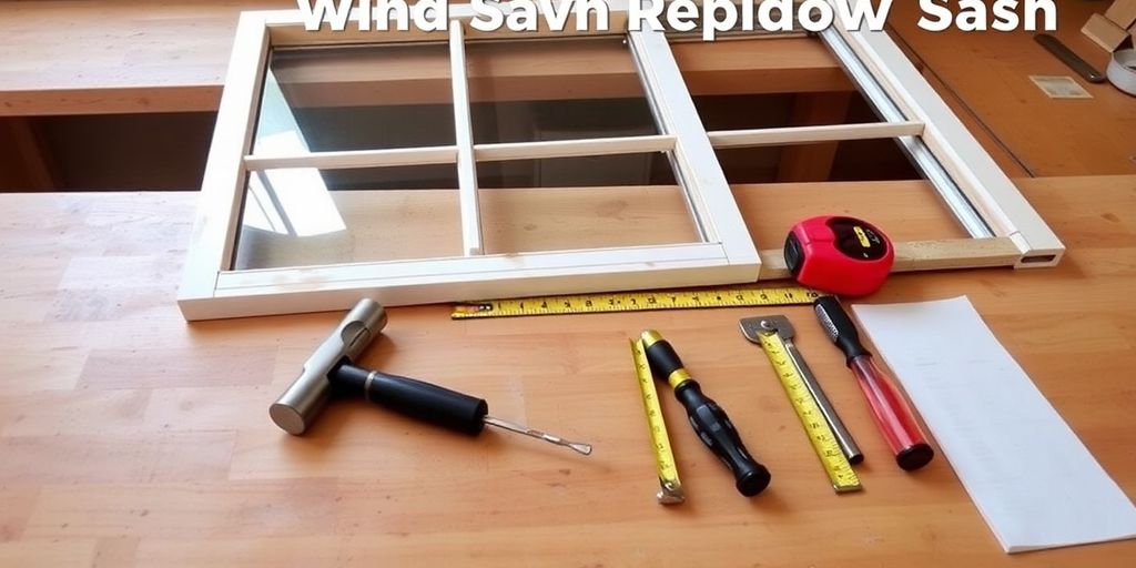 Tools and materials for window sash replacement on a workbench.