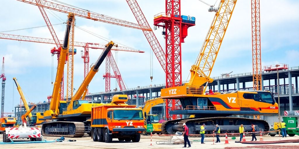 Construction site with advanced machines and workers in action.
