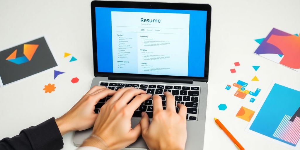 User designing resume on laptop with creative elements
