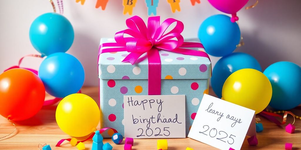 Gift box with balloons and a handwritten note.