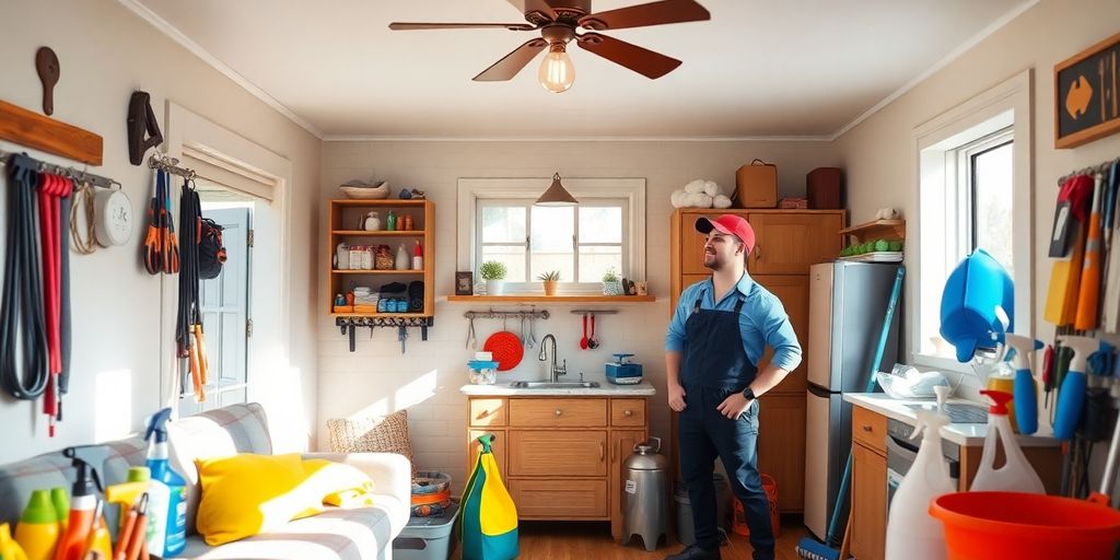 Cozy home with tools and service personnel in action.