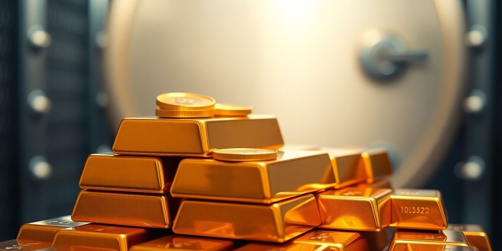 Lingots d'or brillants et pièces d'or sécurisées.