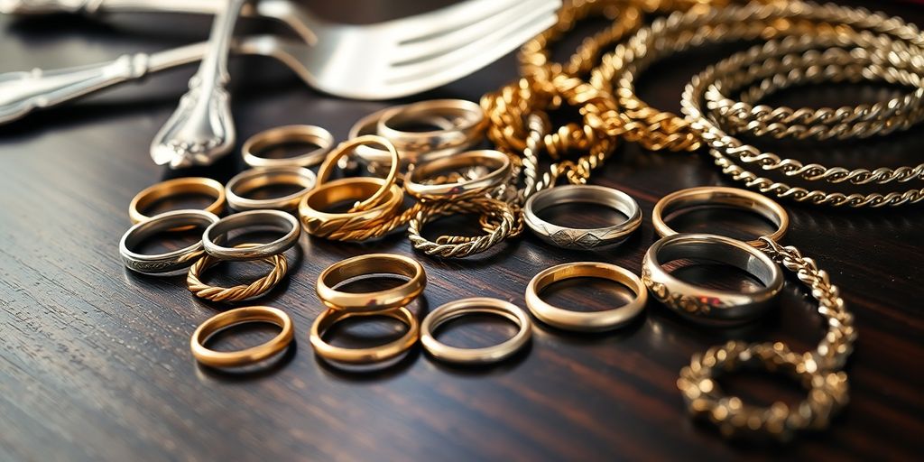 Bijoux, or et argenterie sur une table