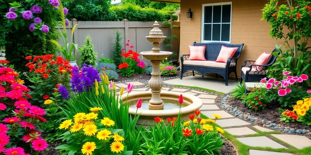 Colorful backyard with flowers, fountain, and seating area.