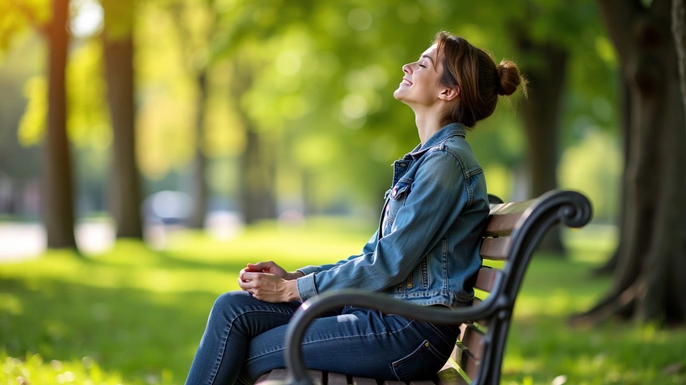 Person deep breathing on a park bench