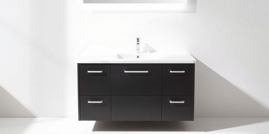 Modern bathroom vanity unit with sleek countertop.