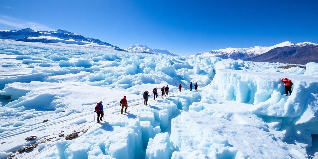 Hikers on Root Glacier with vast ice formations.