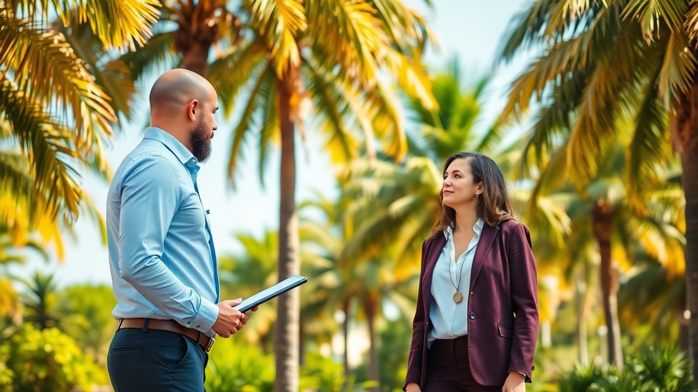 Business professional speaking to a key decision maker amidst tropical foliage.