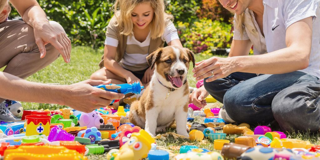 A puppy playing with people in a sunny park.