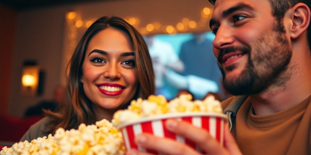 Couple laughing, eating popcorn, watching movie.