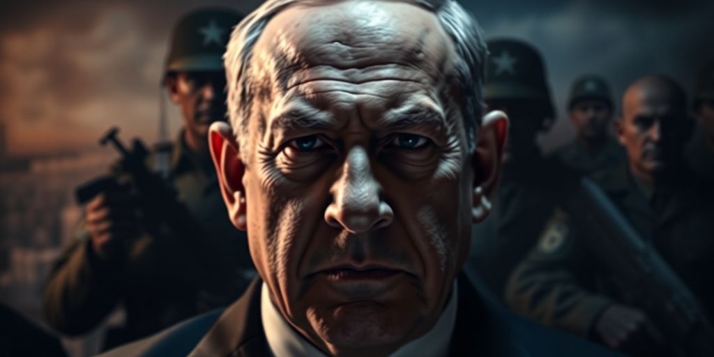 Portrait of Netanyahu with a dramatic military background.