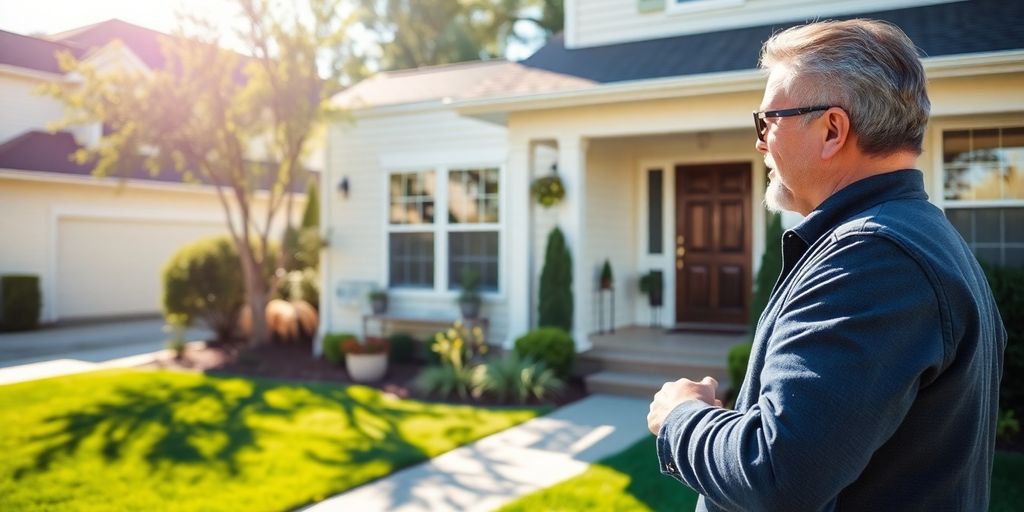 A landlord inspecting a home with a green lawn.