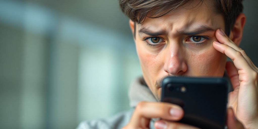 Pessoa preocupada com smartphone em mãos.