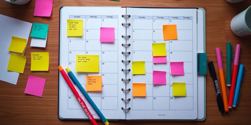 Farbige Notizen und Kalender auf einem Schreibtisch.