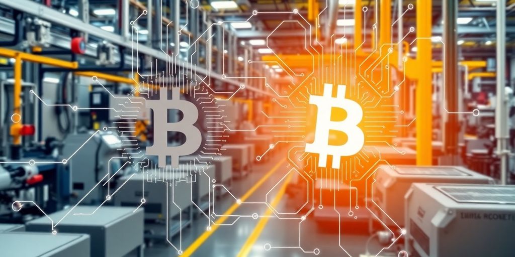 High-tech factory floor with blockchain technology elements.