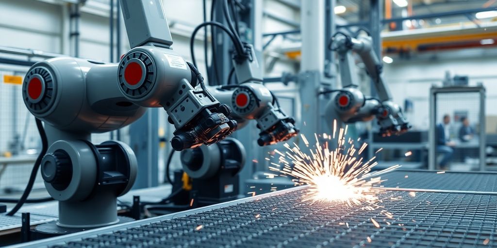 Robotic arms performing automated mesh welding in a factory.