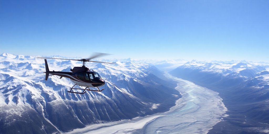 A bright helicopter soars over vast Alaskan glaciers and mountains.
