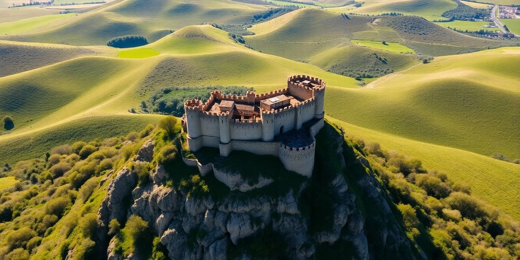 Château cathare sur une colline verdoyante.
