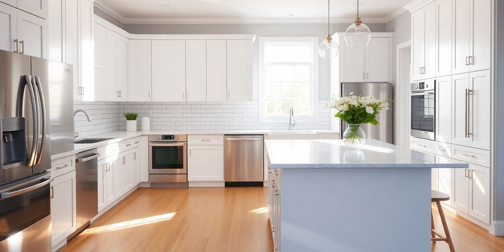 Modern kitchen with island and light wood floors.
