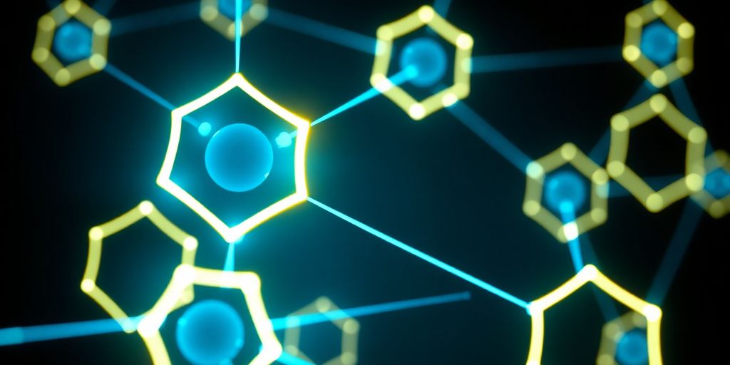 Interconnected glowing blockchain nodes with digital data streams.