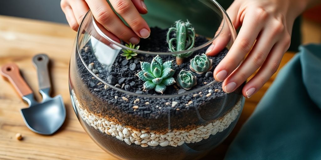 Manos colocando capas de tierra en terrario.