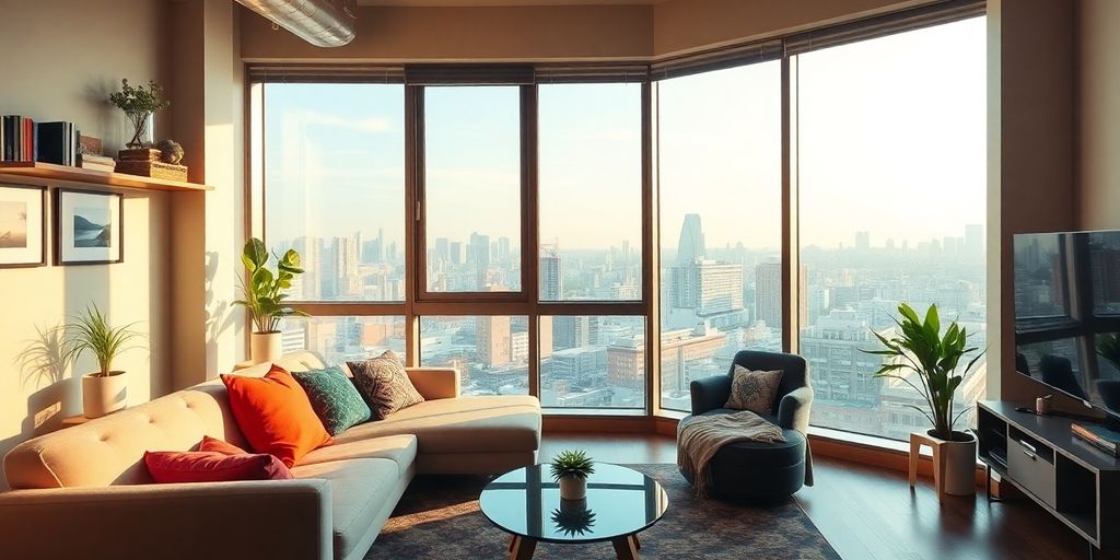 Stylish Tokyo apartment interior with city skyline view.