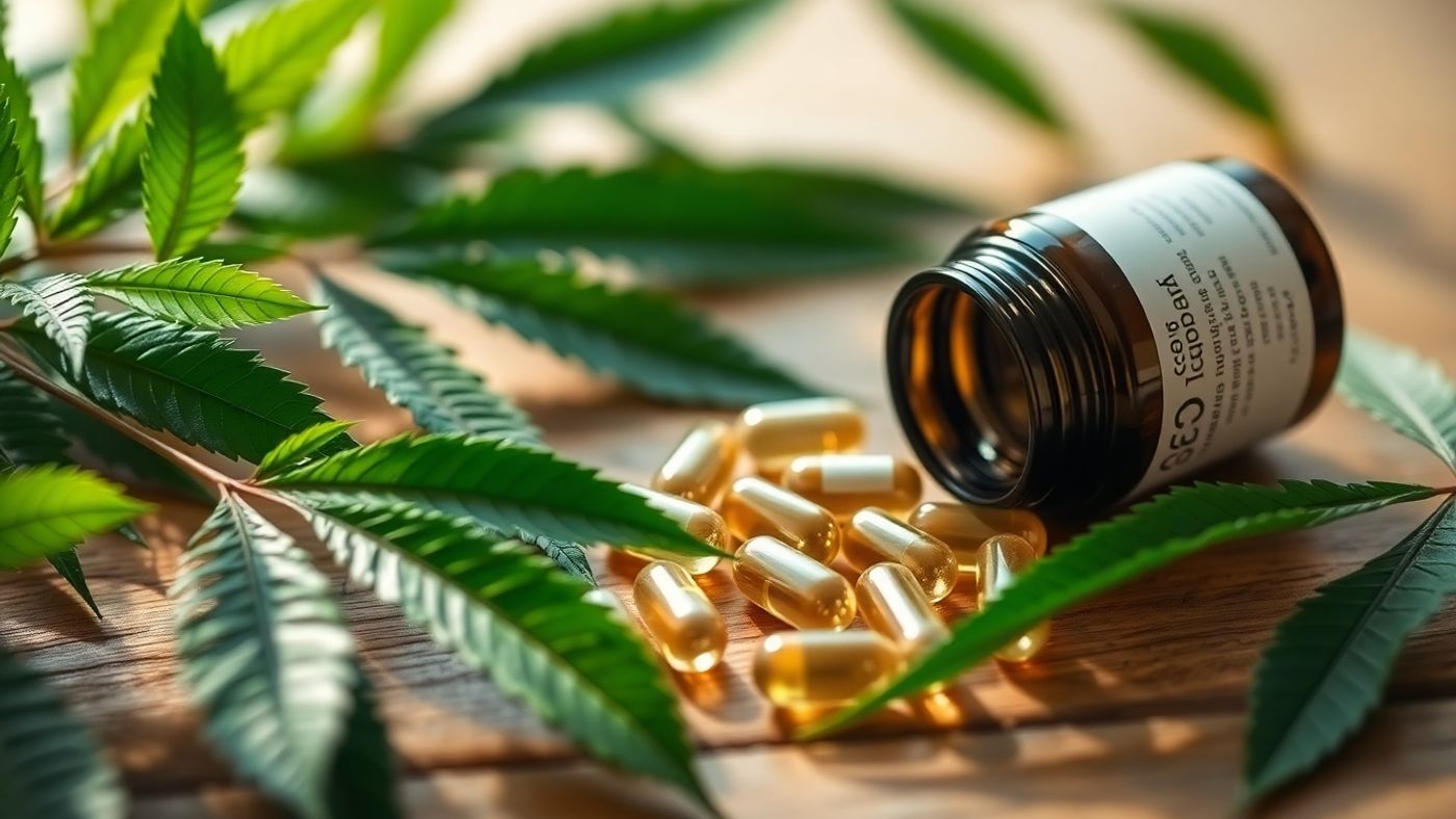 Close-up of CBD capsules on a wooden table.
